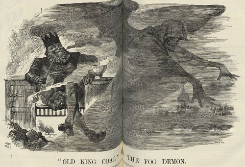 An 1880 cartoon depicting "Old King Coal" and a deadly demon of air pollution inflicting disease on the city below