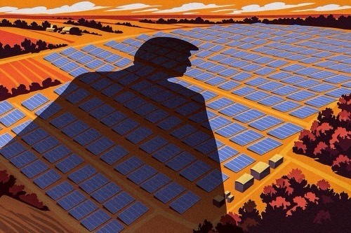 An llustraton shows the ominous shadow of President Trump cast across a solar array